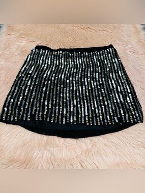 Theory Black 100% Silk Mini Skirt with Silver Sequins